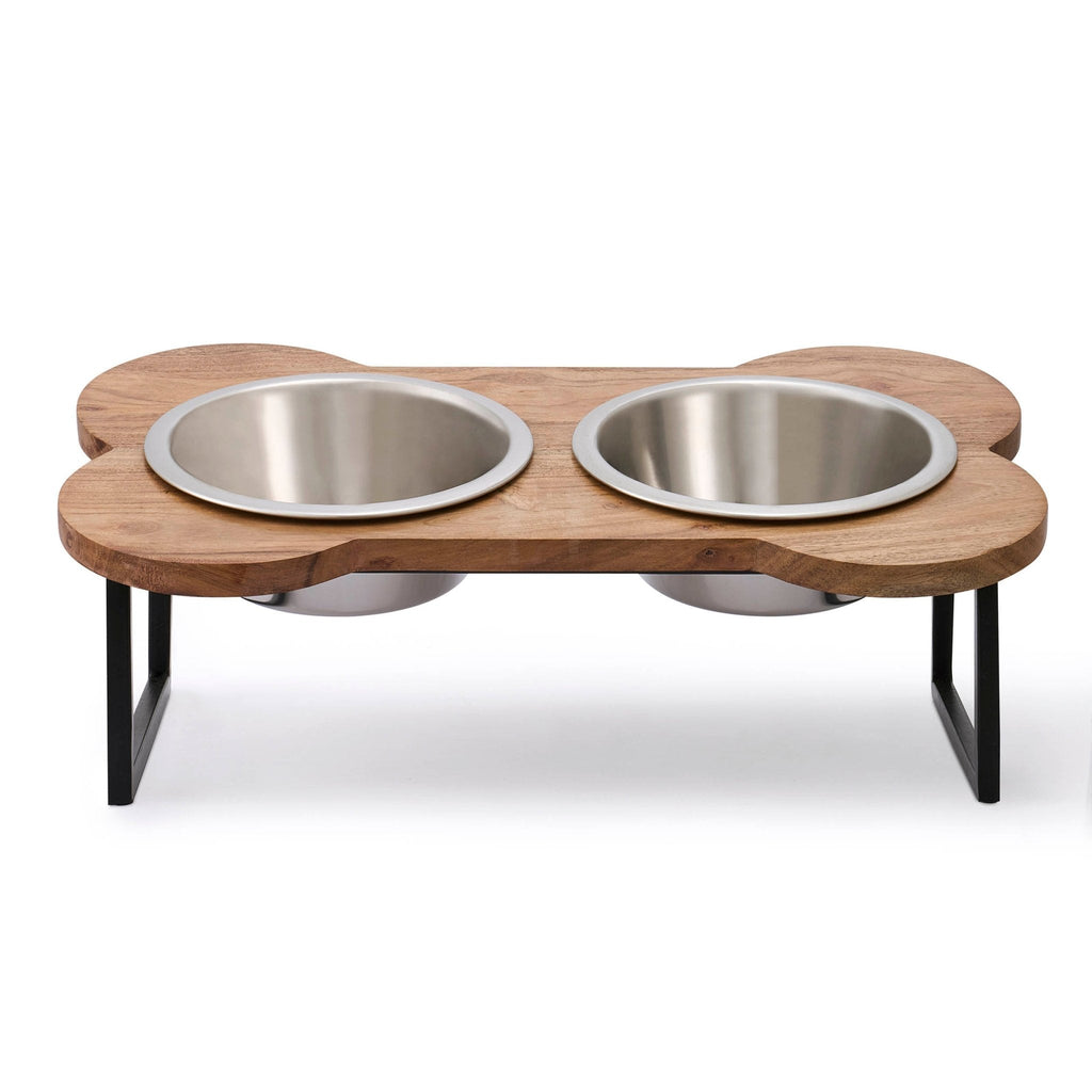 Gamelle double surélevée en bois en forme d'os pour chien