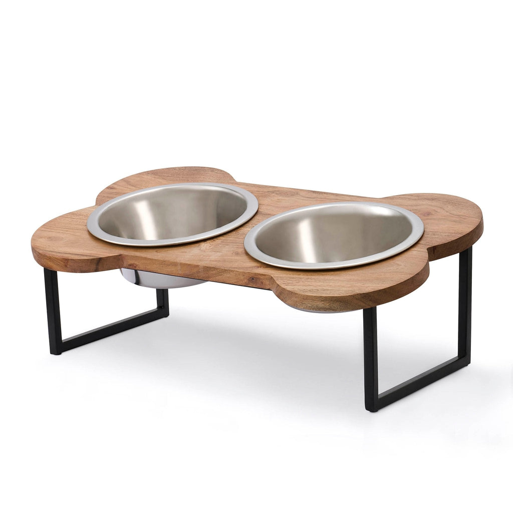 Gamelle double surélevée en bois en forme d'os pour chien
